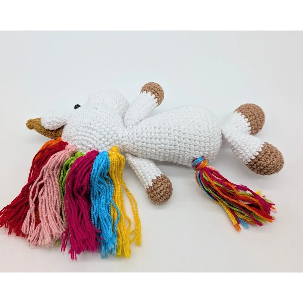 Handmade Crochet Unicorn Plush Stuffed Animal White Rainbow Mane And Tail 8.75